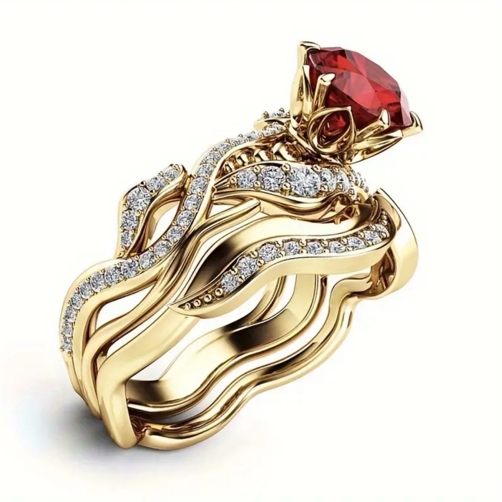 Elegant Gold and Red Gemstone Ring Set. - Picture 6 of 7
